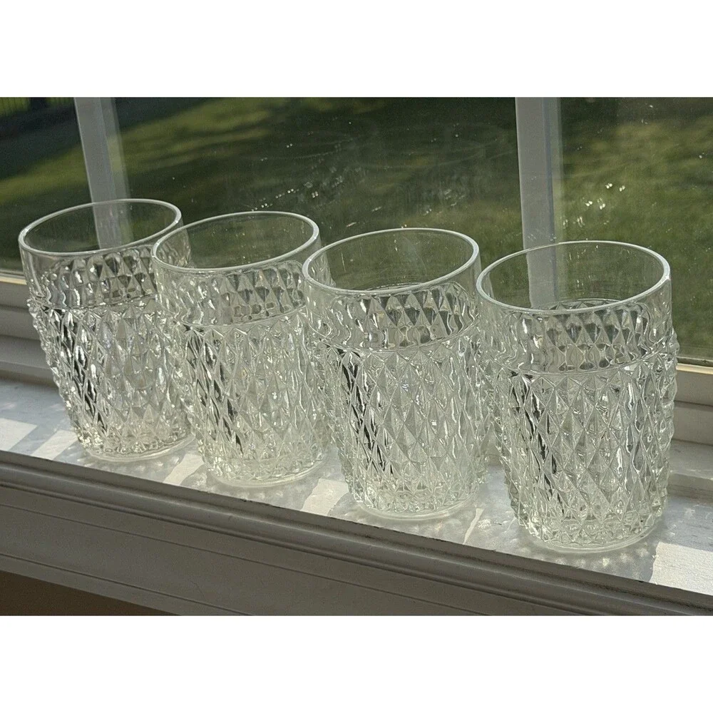 VTG Indiana Glass Diamond Point Clear Flat Tumblers 4 5/8” Set of 4 10 Oz Juice